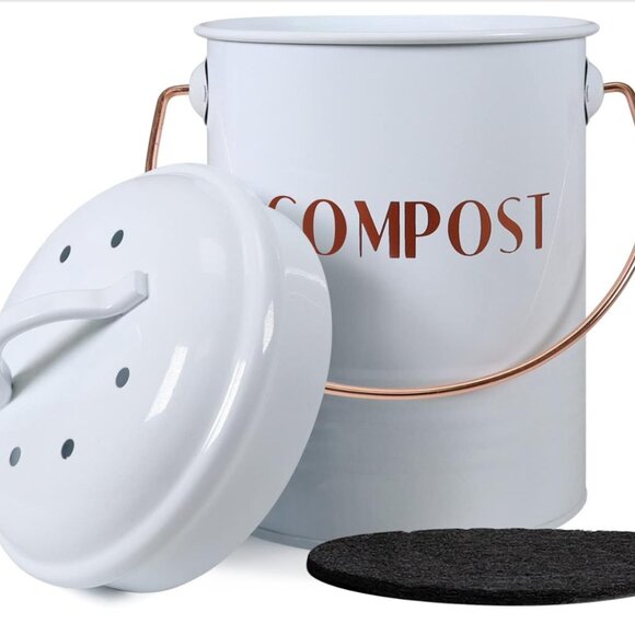 🌿 White & Rose Gold Compost Bin | Kitchen Countertop Compost Bin with Lid - Picture 2 of 2